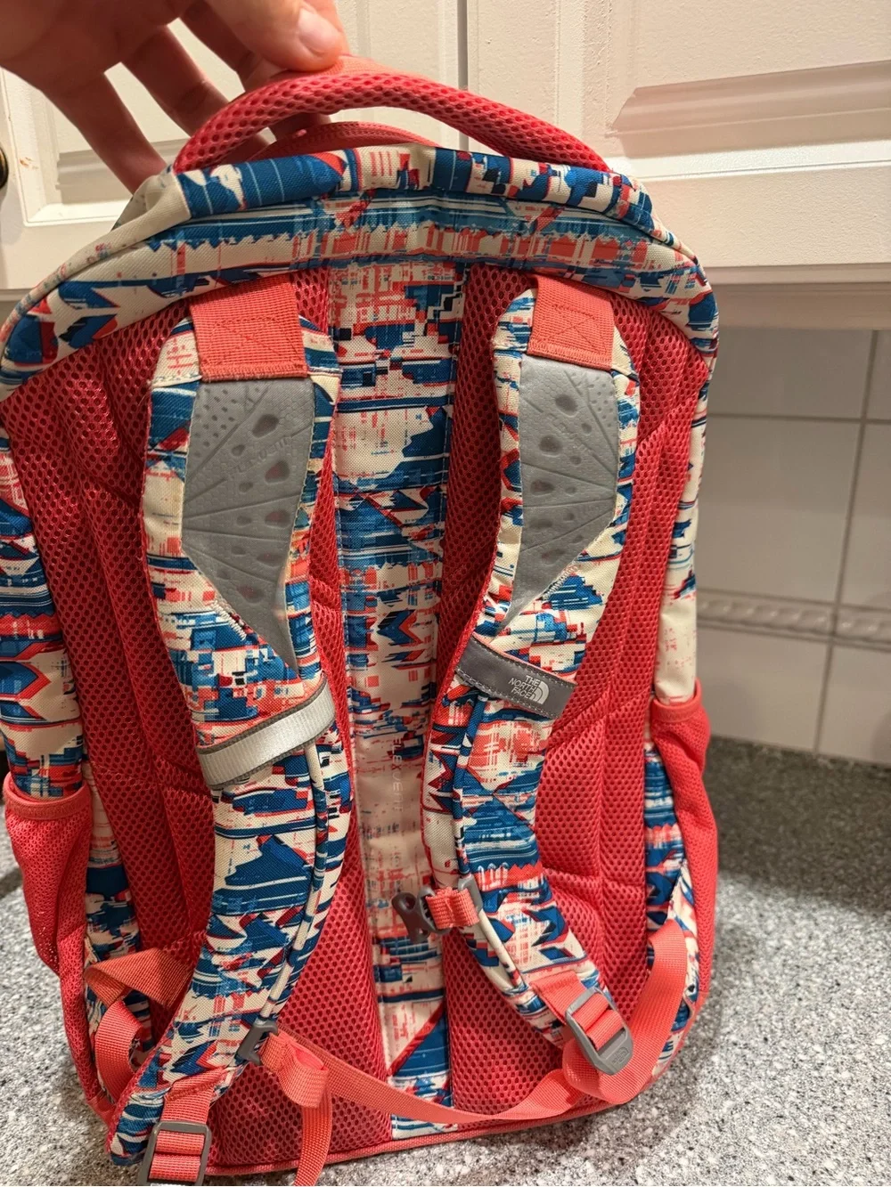 The North Face Coral & Blue Patterned Vault Backpack Padded Shoulder Straps